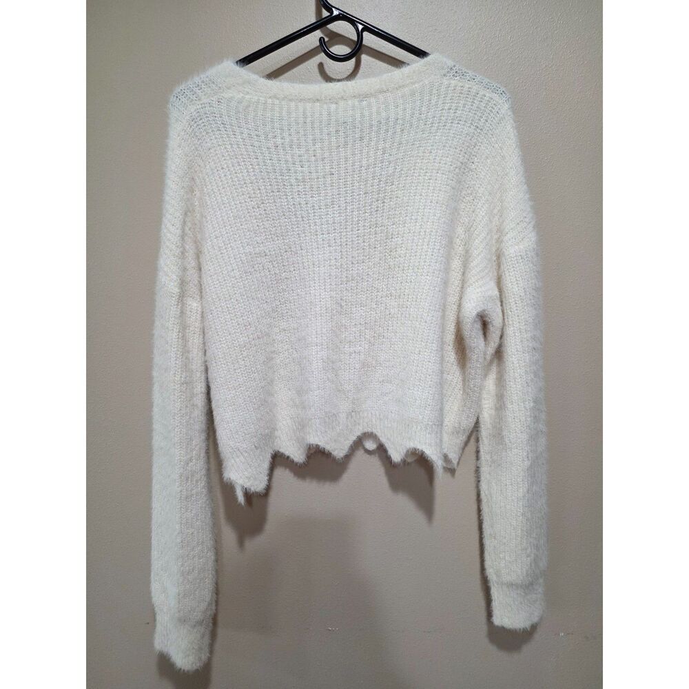 Lumiere Fuzzy Knit Cropped Cardigan Sweater Ivory Scallop Hem M Fairycore Boho - Picture 3 of 8